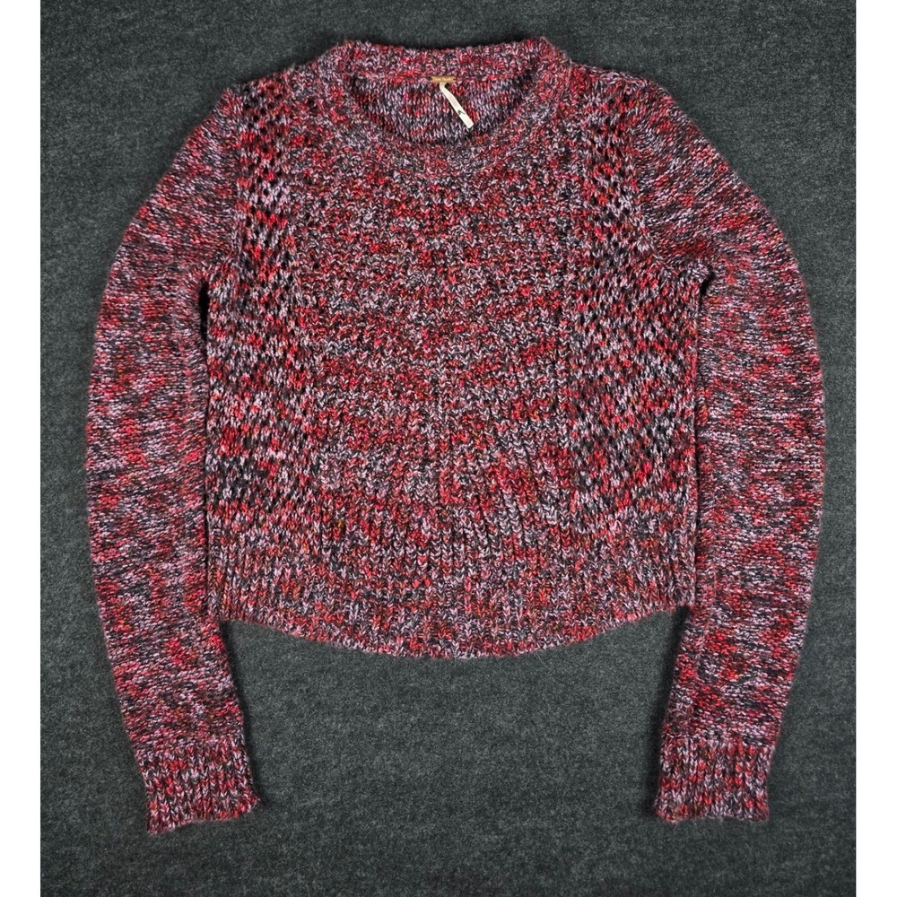 Free People Women's Red Black Marled Cropped Crewneck Sweater Boho Chunky Size S